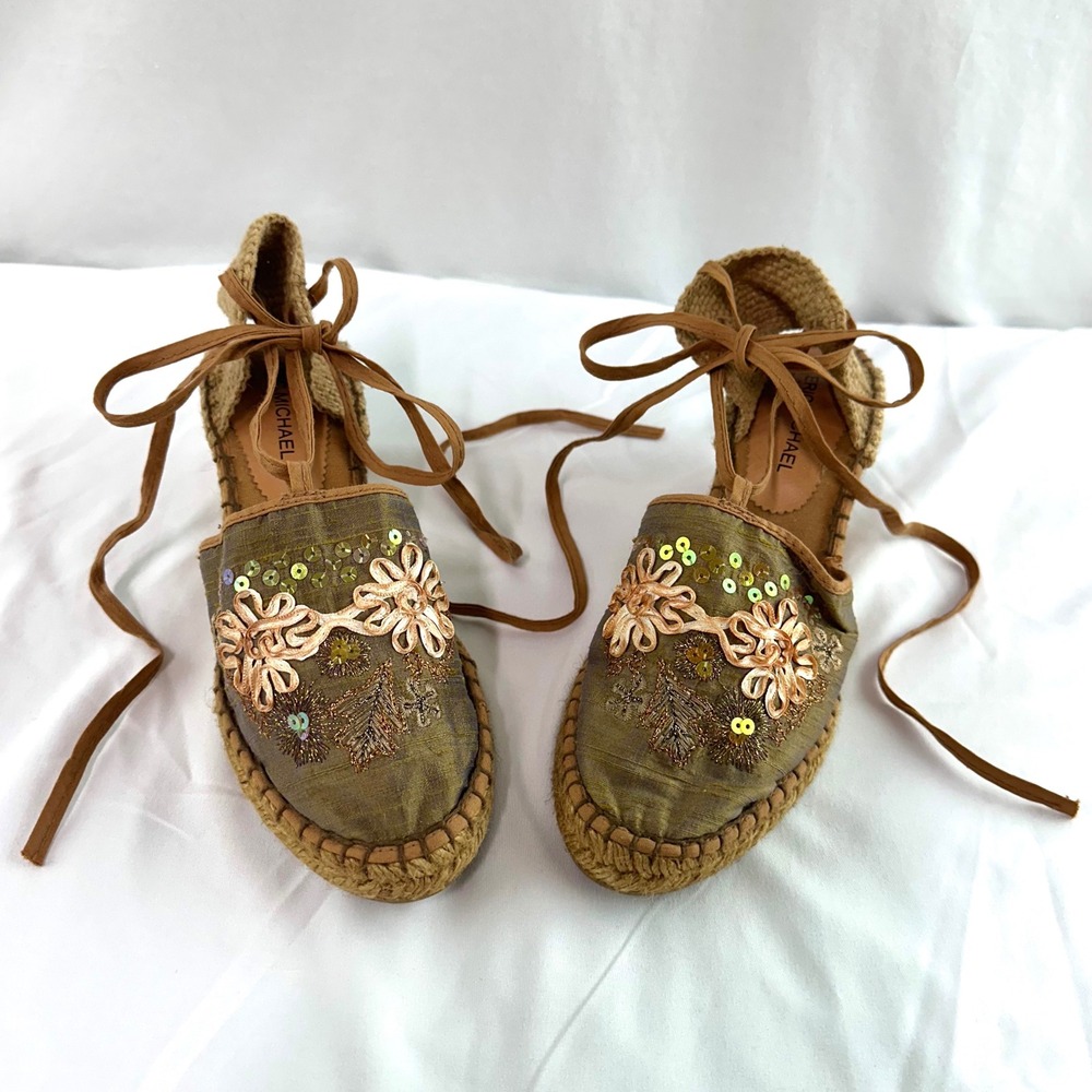 ERIC MICHAEL Espadrille Wedge Gladiator Sandals Floral Embroidered EU 37/US 6.5